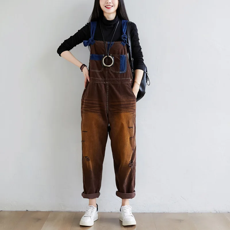 #1410 Vintage Corduroy Jumpsuits Women Loose Streetwear Overalls Wide Leg Long Jumpsuit Ladies Holes Rompers Yellow Blue Brown