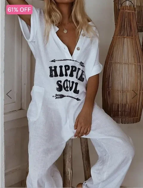 Autumn Romper for Women Jumpsuit Print Pocket Romper V Neck Cotton Linen Loose Wide Legs Casual Pants Streetwear Spring 2023