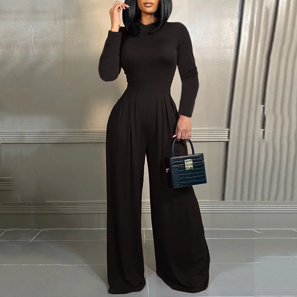 Elegant Women Stand Neck Slim Long Sleeve Bodysuits Fall/winter Fashion Print Wide Leg Rompers Casual Waist Jumpsuits Streetwear