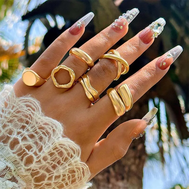 6Pcs/Set Gold Color Smooth Geometric Open Rings Set For Women Exaggerated Metal Irregular Thick Chunky Ring Jewelry Gift