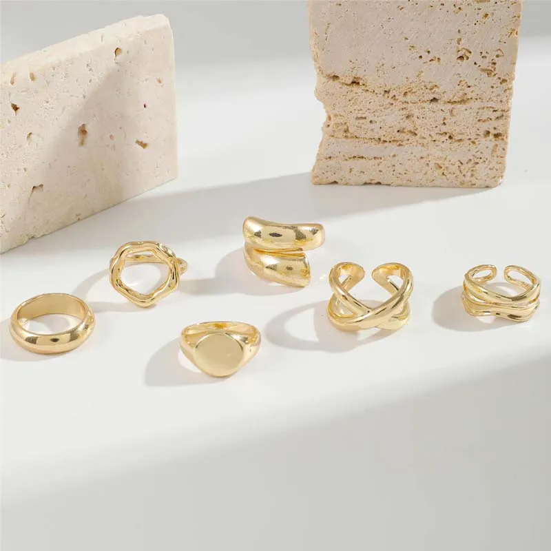 6Pcs/Set Gold Color Smooth Geometric Open Rings Set For Women Exaggerated Metal Irregular Thick Chunky Ring Jewelry Gift