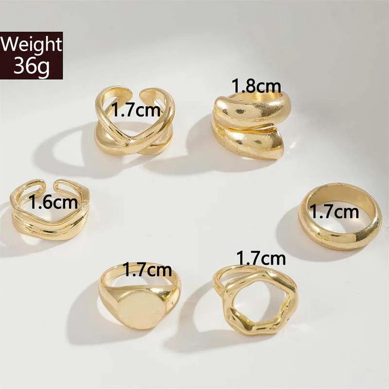 6Pcs/Set Gold Color Smooth Geometric Open Rings Set For Women Exaggerated Metal Irregular Thick Chunky Ring Jewelry Gift