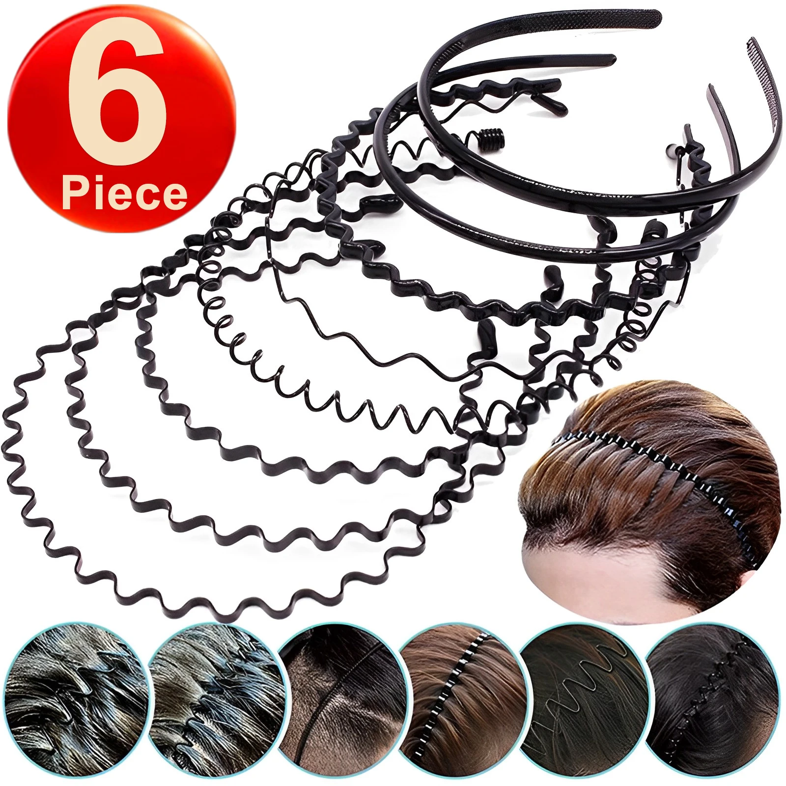 6pcs Fashion Wave Mens Women Unisex Black Wavy Hair Head Hoop Band Sports Headband Hairband Headwear Hair Accessories Gifts