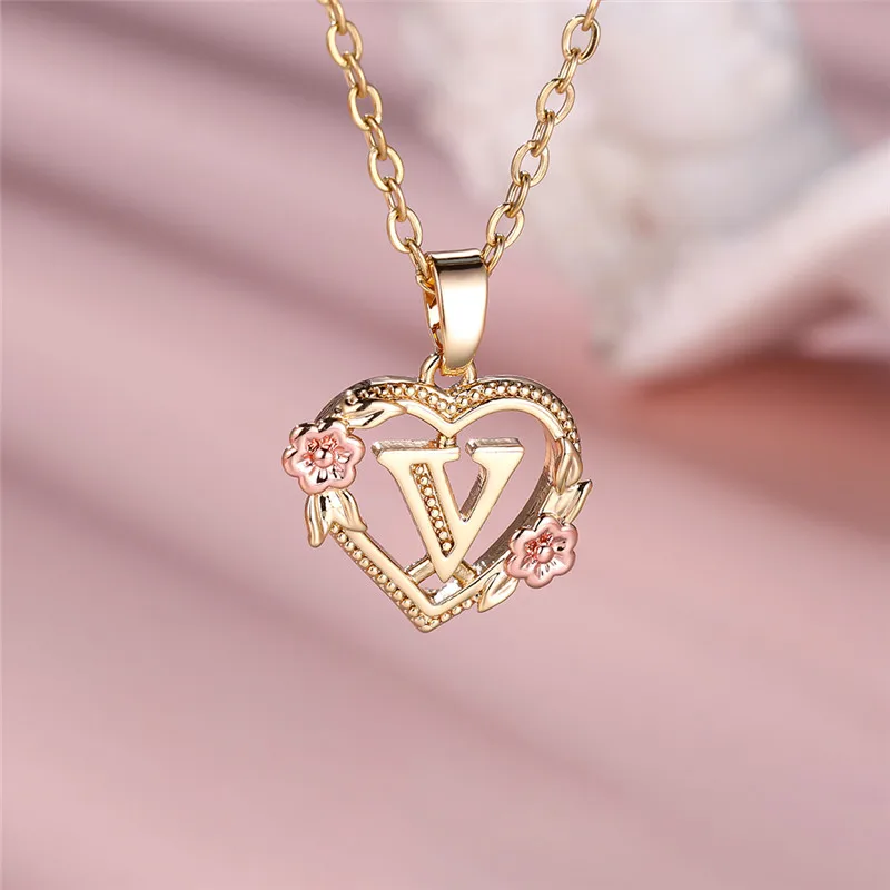 Female A-Z Letter Flower Pendant Necklace Yellow Gold Color Wedding Jewelry Gift For Women