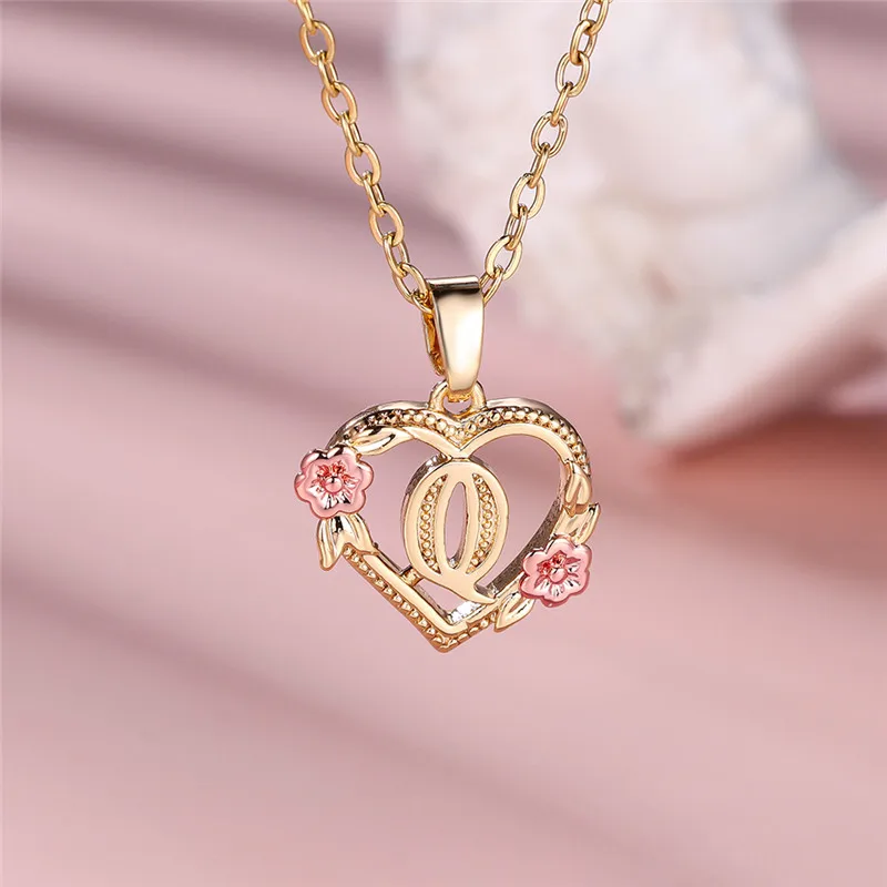 Female A-Z Letter Flower Pendant Necklace Yellow Gold Color Wedding Jewelry Gift For Women