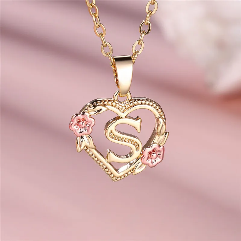 Female A-Z Letter Flower Pendant Necklace Yellow Gold Color Wedding Jewelry Gift For Women