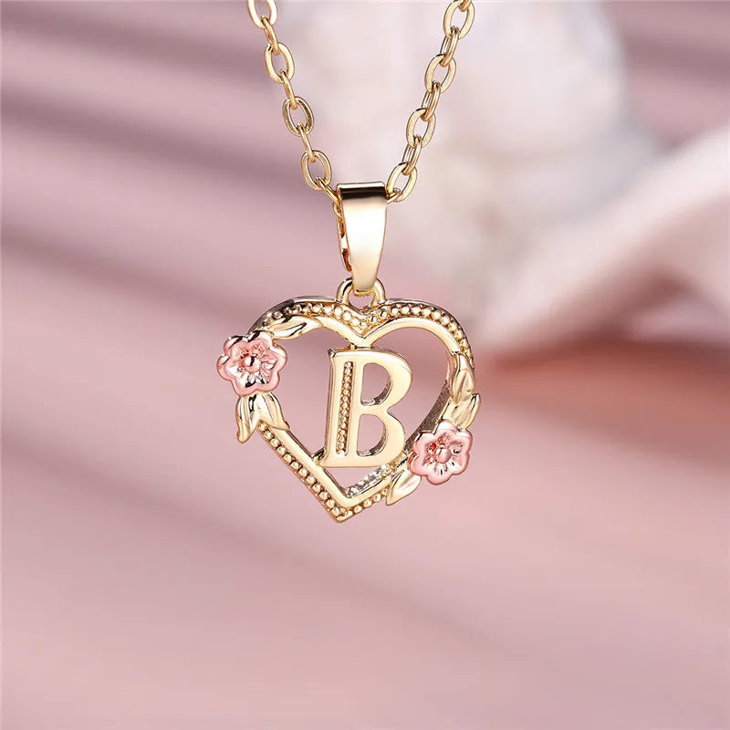 Female A-Z Letter Flower Pendant Necklace Yellow Gold Color Wedding Jewelry Gift For Women