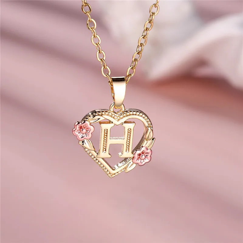 Female A-Z Letter Flower Pendant Necklace Yellow Gold Color Wedding Jewelry Gift For Women