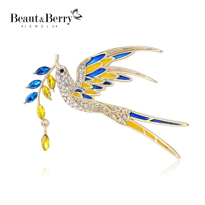 Beaut&Berry Sparkling Peace Dove Brooch for Women Rhinestone Ear of Wheat Pin Ukraine Casual Accessory Gift