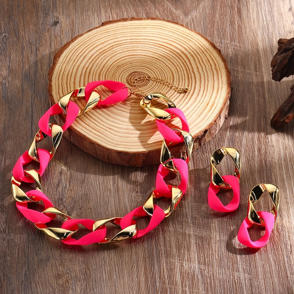 2024 New Trendy Jewelry Set Y2K Fluorescent Color Resin Acrylic Splicing Women's Necklace And Earrings Party Accessories