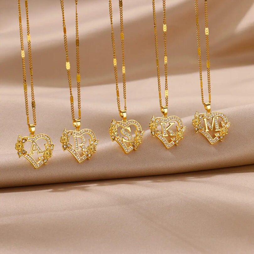 Zircon Flower Heart Initials Necklaces For Women Stainless Steel Heart Lover Gold Color Letter Chain Collar Necklace Jewelry - Image 3