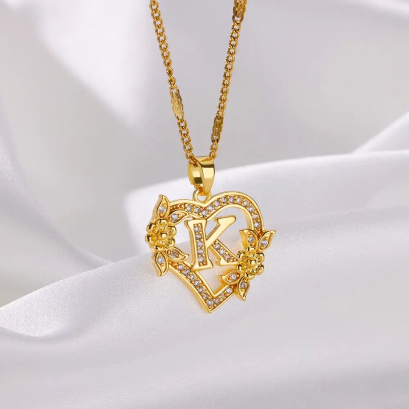 Zircon Flower Heart Initials Necklaces For Women Stainless Steel Heart Lover Gold Color Letter Chain Collar Necklace Jewelry - Image 2