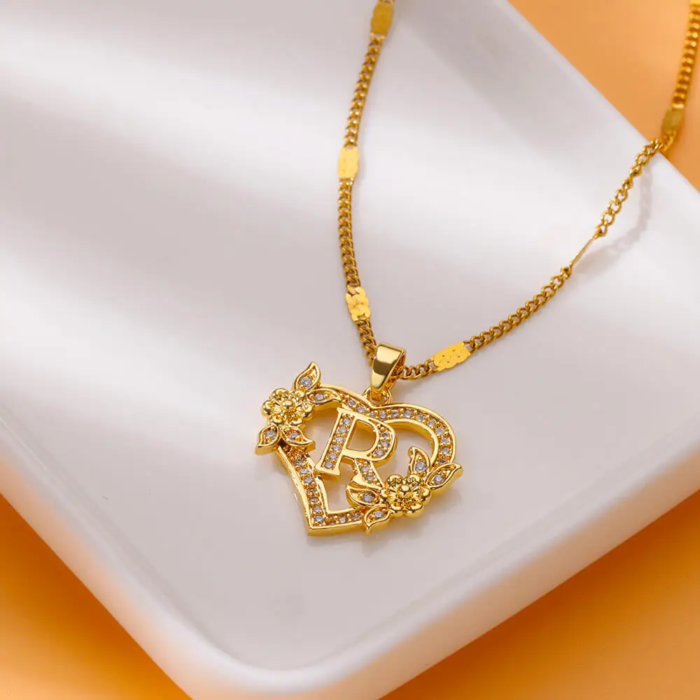 Zircon Flower Heart Initials Necklaces For Women Stainless Steel Heart Lover Gold Color Letter Chain Collar Necklace Jewelry