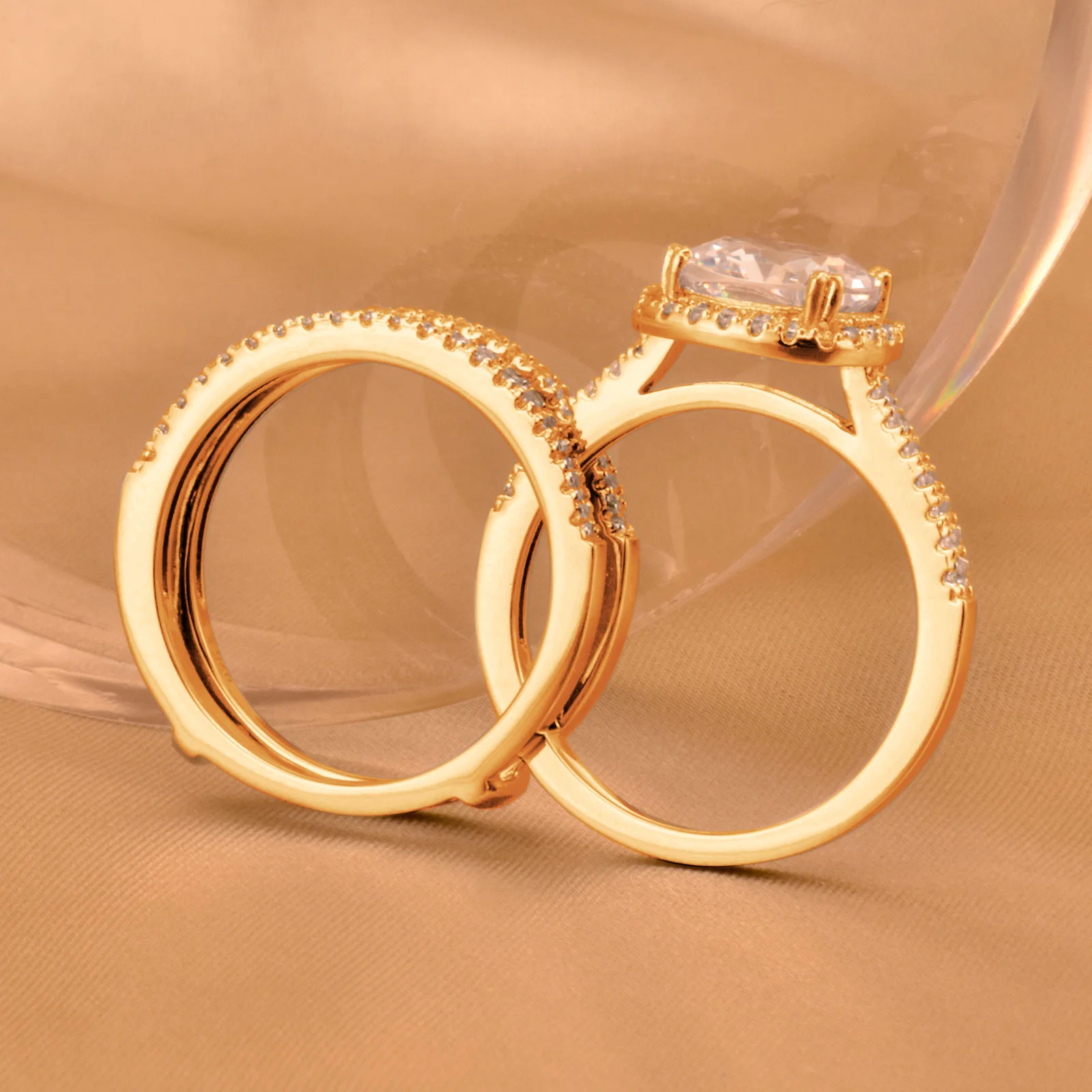 Newshe 925 Sterling Silver Rose Yellow K Gold Engagement Rings Set for Women Halo Cushion AAAAA CZ Guard Wedding Bands Enhancer