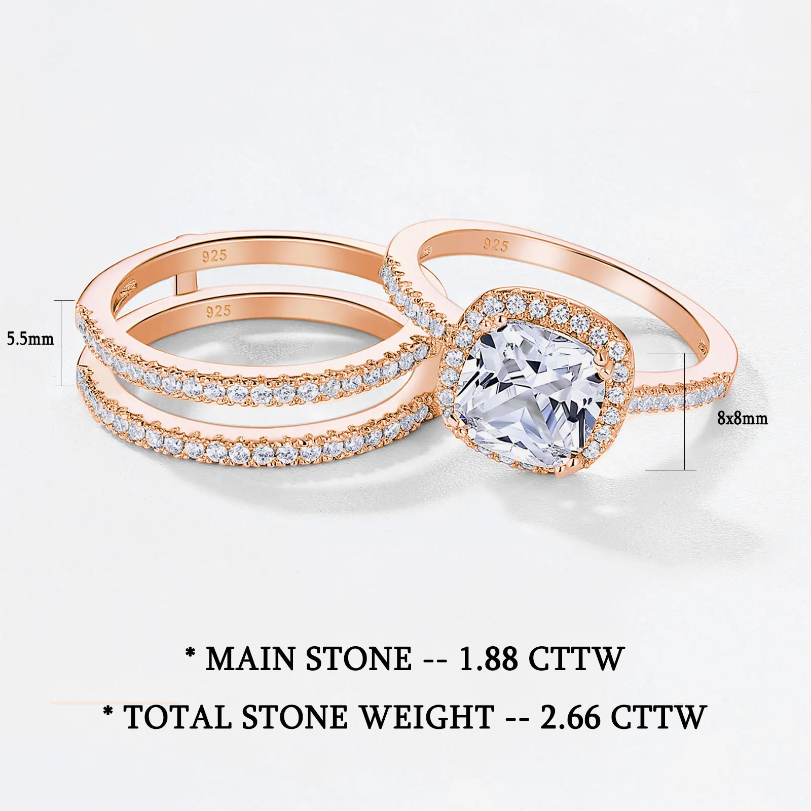 Newshe 925 Sterling Silver Rose Yellow K Gold Engagement Rings Set for Women Halo Cushion AAAAA CZ Guard Wedding Bands Enhancer