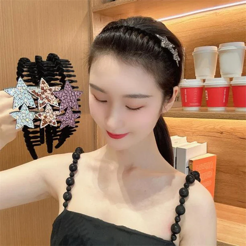 Rhinestone Double-star Hair Hoops Bands Flocking Face Wash Hair Bands for Women Teeth Comb Headband Luxury Hair Hoop Accessories