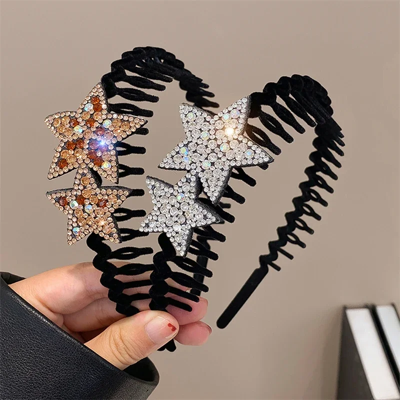 Rhinestone Double-star Hair Hoops Bands Flocking Face Wash Hair Bands for Women Teeth Comb Headband Luxury Hair Hoop Accessories