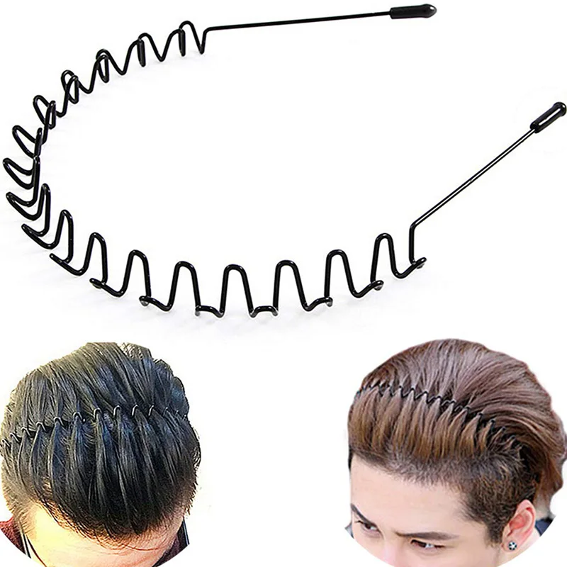 Unisex Black Elastic Non Slip Simple Metal Headbands For Men Women Wavy Hairband Spring Hair Hoop Fashion Hair Accessories