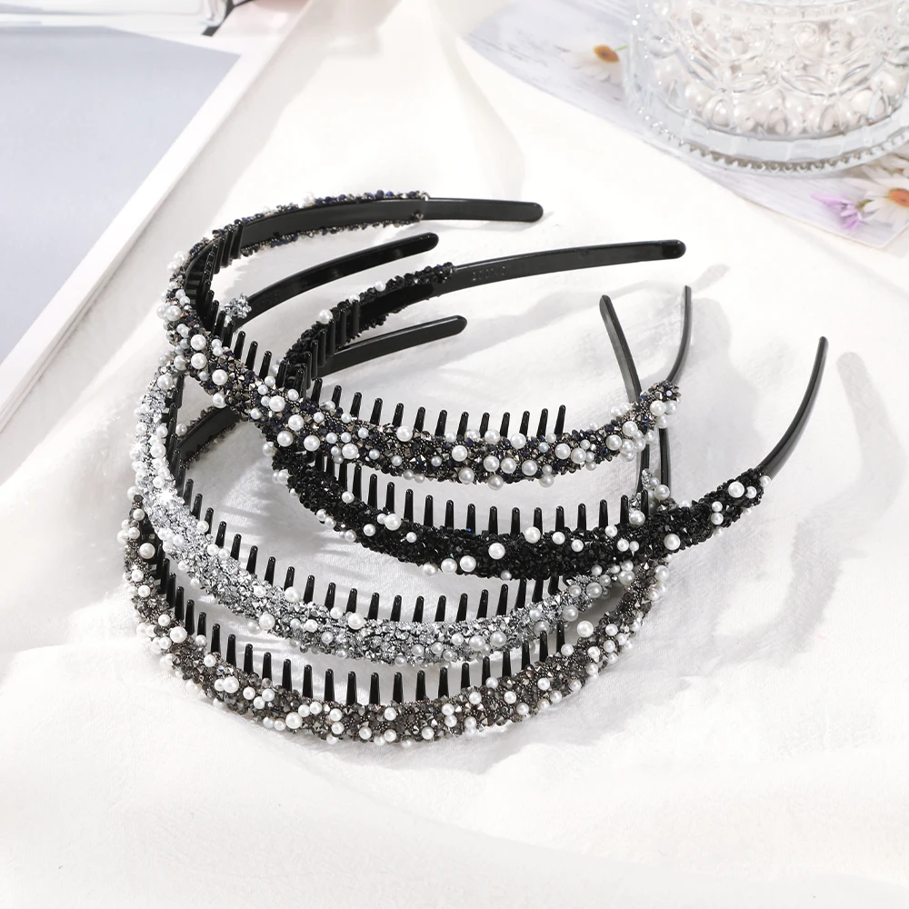 AWAYTR Women Pearl Rhinestones Antislip Hairband For With Teeth Hair Band Headband Hair Hoop Bezel Fashion Hair Accessories