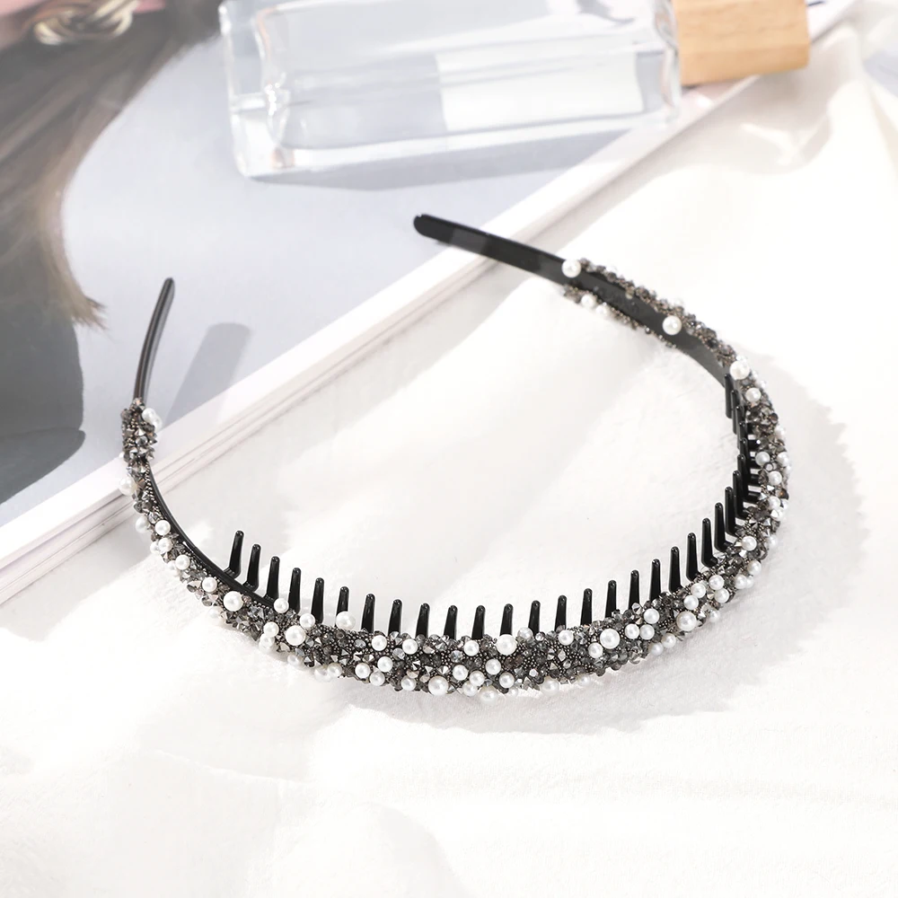 AWAYTR Women Pearl Rhinestones Antislip Hairband For With Teeth Hair Band Headband Hair Hoop Bezel Fashion Hair Accessories