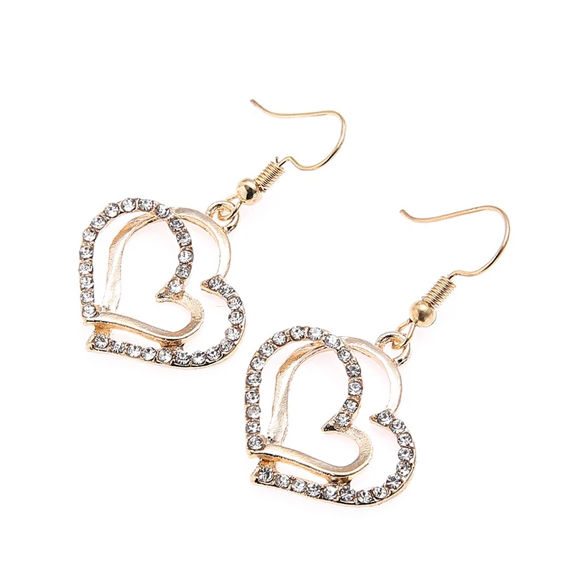 3 Pcs Set Heart Shaped Jewelry Set Of Earrings Pendant Necklace For Women Exquisite Fashion Rhinestone Double Heart Jewelry Set