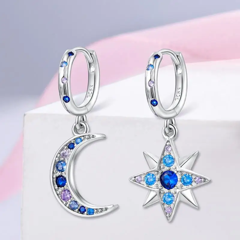 Hoop Earrings 925 Sterling Silver Starry Moon Feather Blue Shiny Zircon Inlaid Drop Earrings Women Fashion Jewelry Gift