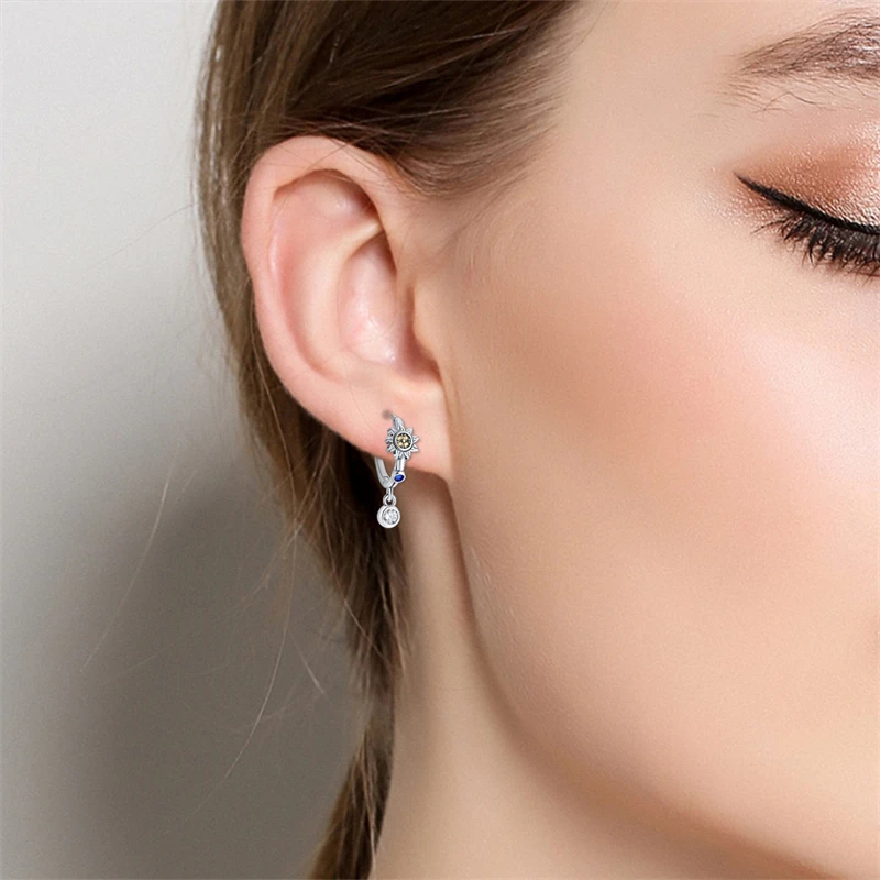 Hoop Earrings 925 Sterling Silver Starry Moon Feather Blue Shiny Zircon Inlaid Drop Earrings Women Fashion Jewelry Gift