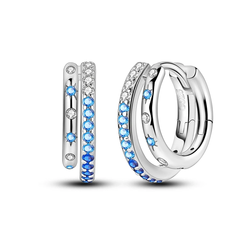 Hoop Earrings 925 Sterling Silver Starry Moon Feather Blue Shiny Zircon Inlaid Drop Earrings Women Fashion Jewelry Gift