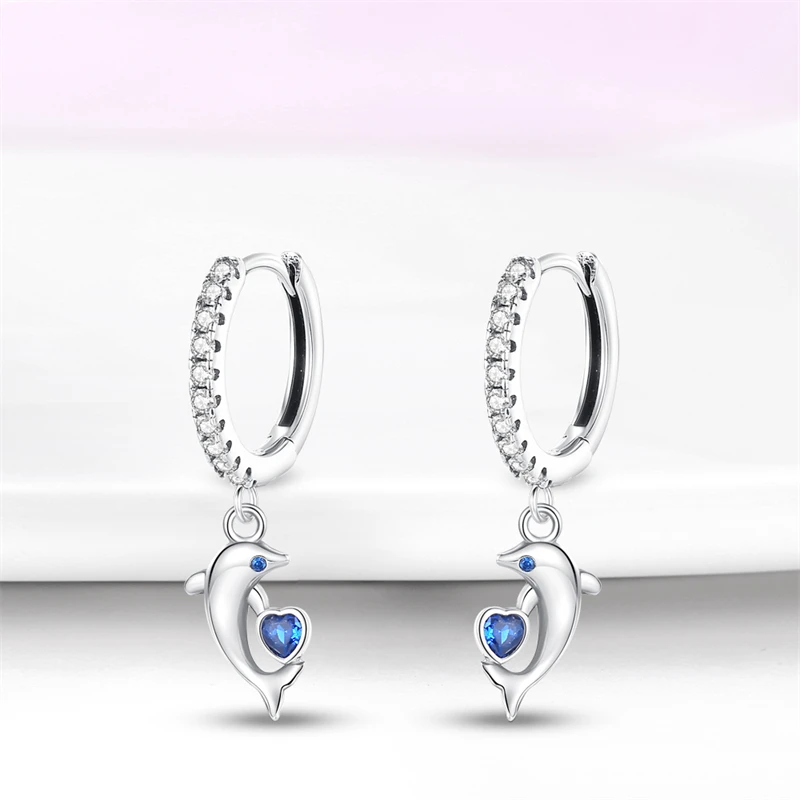 Hoop Earrings 925 Sterling Silver Starry Moon Feather Blue Shiny Zircon Inlaid Drop Earrings Women Fashion Jewelry Gift