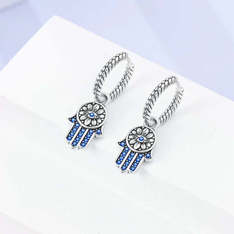 Hoop Earrings 925 Sterling Silver Starry Moon Feather Blue Shiny Zircon Inlaid Drop Earrings Women Fashion Jewelry Gift