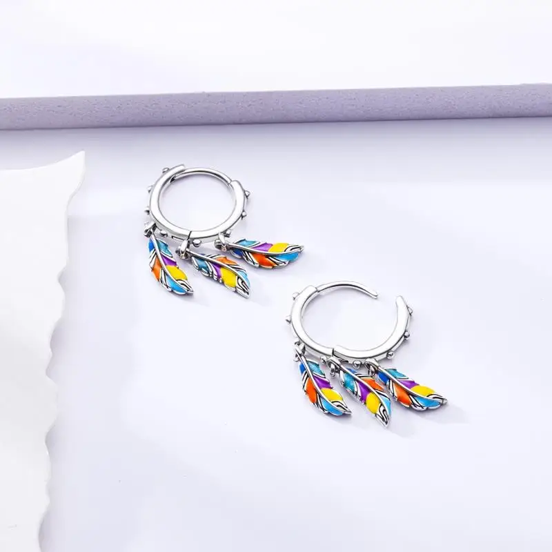 Hoop Earrings 925 Sterling Silver Starry Moon Feather Blue Shiny Zircon Inlaid Drop Earrings Women Fashion Jewelry Gift