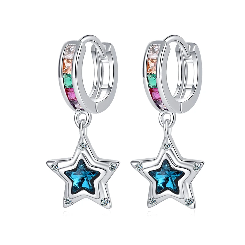 Hoop Earrings 925 Sterling Silver Starry Moon Feather Blue Shiny Zircon Inlaid Drop Earrings Women Fashion Jewelry Gift