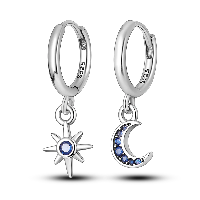 Hoop Earrings 925 Sterling Silver Starry Moon Feather Blue Shiny Zircon Inlaid Drop Earrings Women Fashion Jewelry Gift