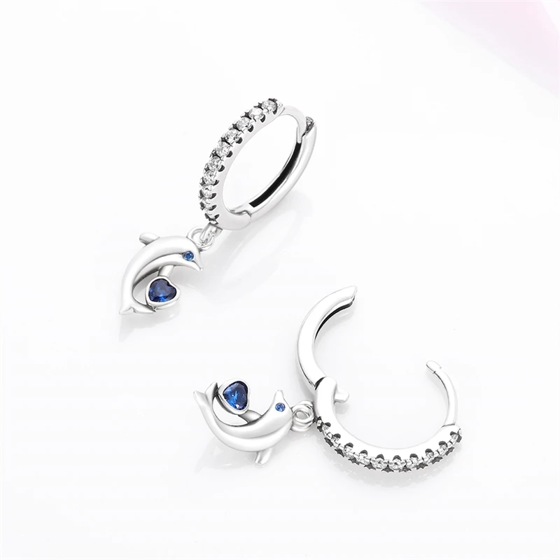 Hoop Earrings 925 Sterling Silver Starry Moon Feather Blue Shiny Zircon Inlaid Drop Earrings Women Fashion Jewelry Gift