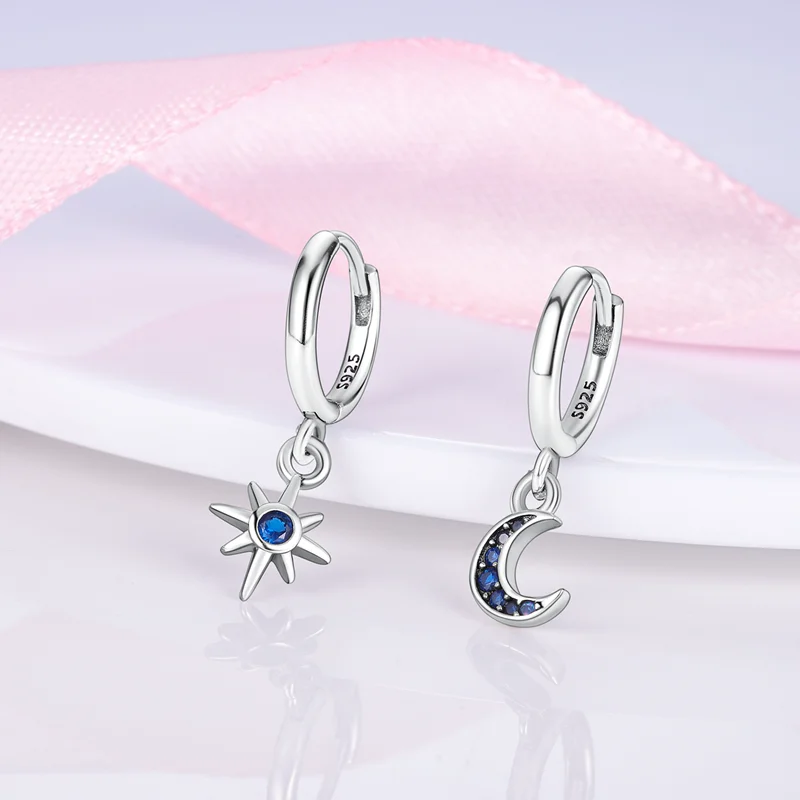 Hoop Earrings 925 Sterling Silver Starry Moon Feather Blue Shiny Zircon Inlaid Drop Earrings Women Fashion Jewelry Gift