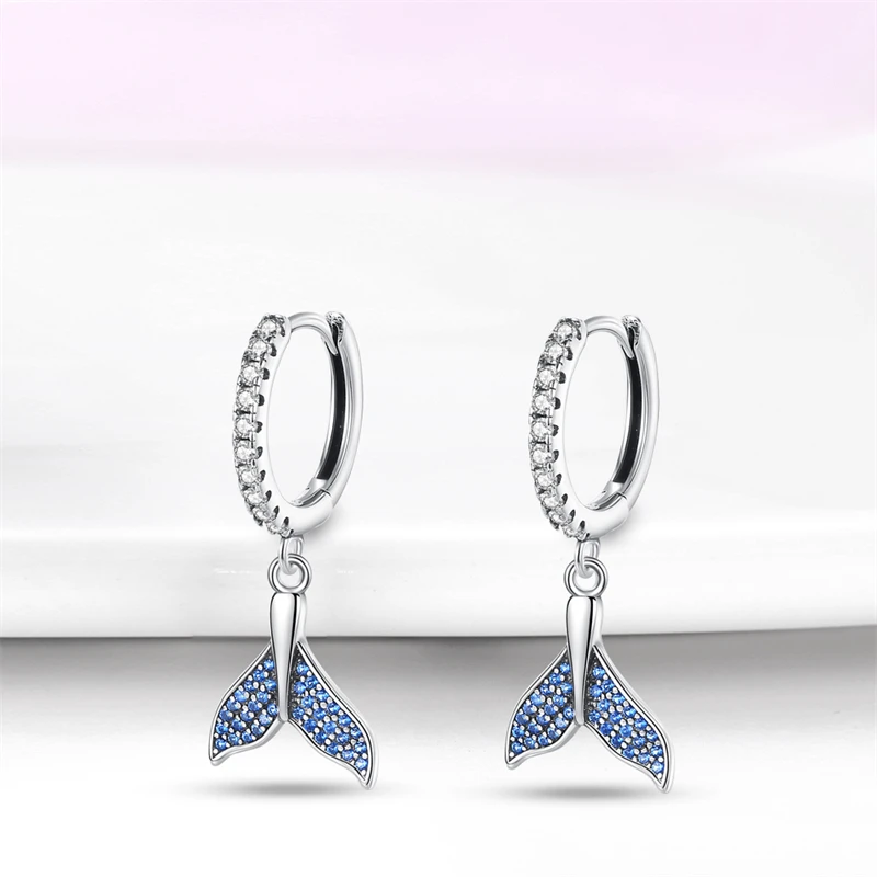 Hoop Earrings 925 Sterling Silver Starry Moon Feather Blue Shiny Zircon Inlaid Drop Earrings Women Fashion Jewelry Gift