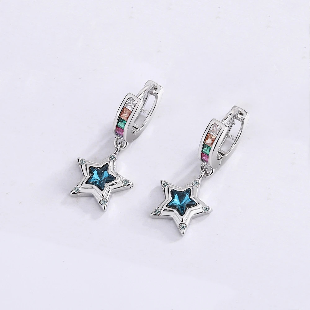 Hoop Earrings 925 Sterling Silver Starry Moon Feather Blue Shiny Zircon Inlaid Drop Earrings Women Fashion Jewelry Gift