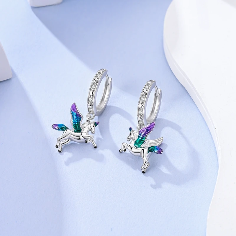 Hoop Earrings 925 Sterling Silver Starry Moon Feather Blue Shiny Zircon Inlaid Drop Earrings Women Fashion Jewelry Gift