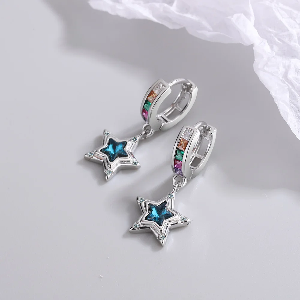 Hoop Earrings 925 Sterling Silver Starry Moon Feather Blue Shiny Zircon Inlaid Drop Earrings Women Fashion Jewelry Gift