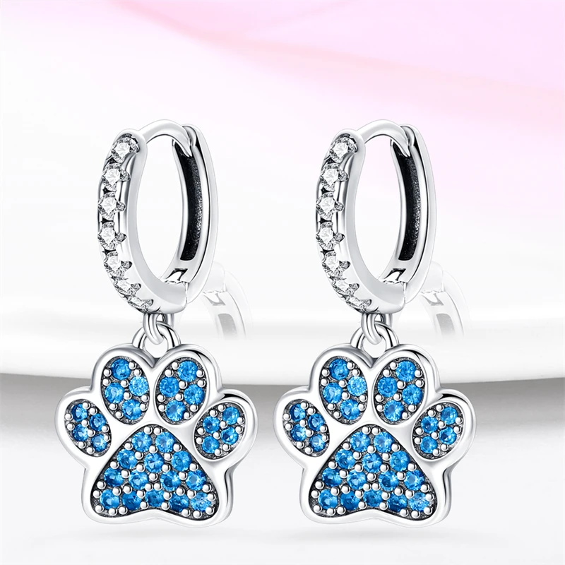 Hoop Earrings 925 Sterling Silver Starry Moon Feather Blue Shiny Zircon Inlaid Drop Earrings Women Fashion Jewelry Gift