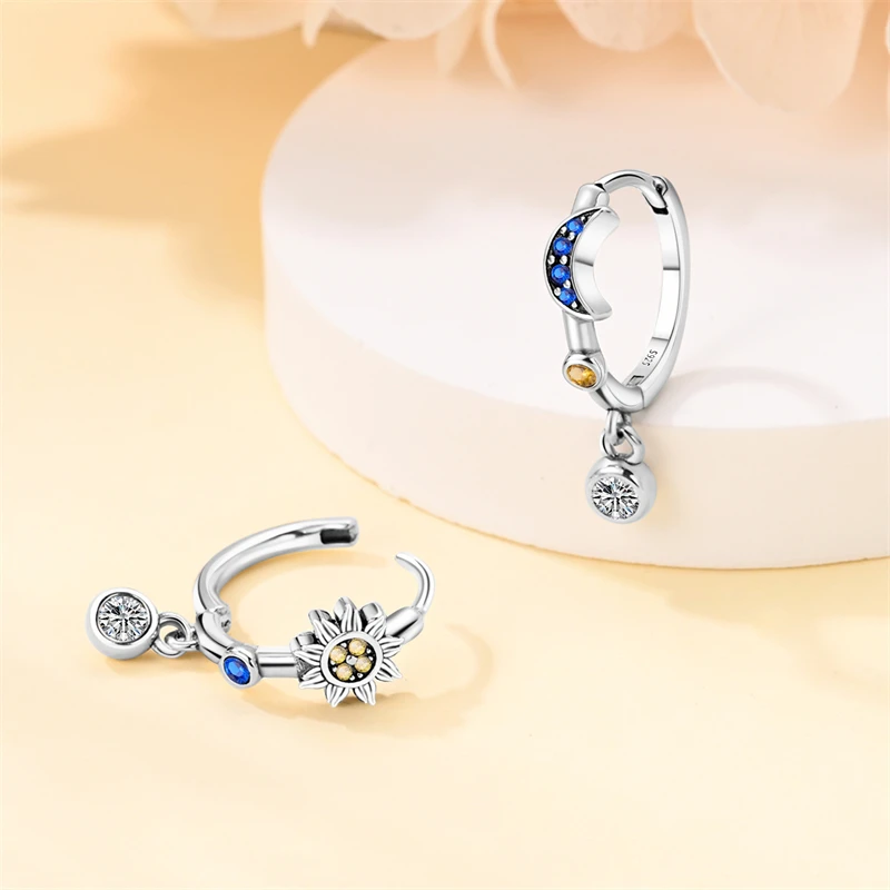 Hoop Earrings 925 Sterling Silver Starry Moon Feather Blue Shiny Zircon Inlaid Drop Earrings Women Fashion Jewelry Gift