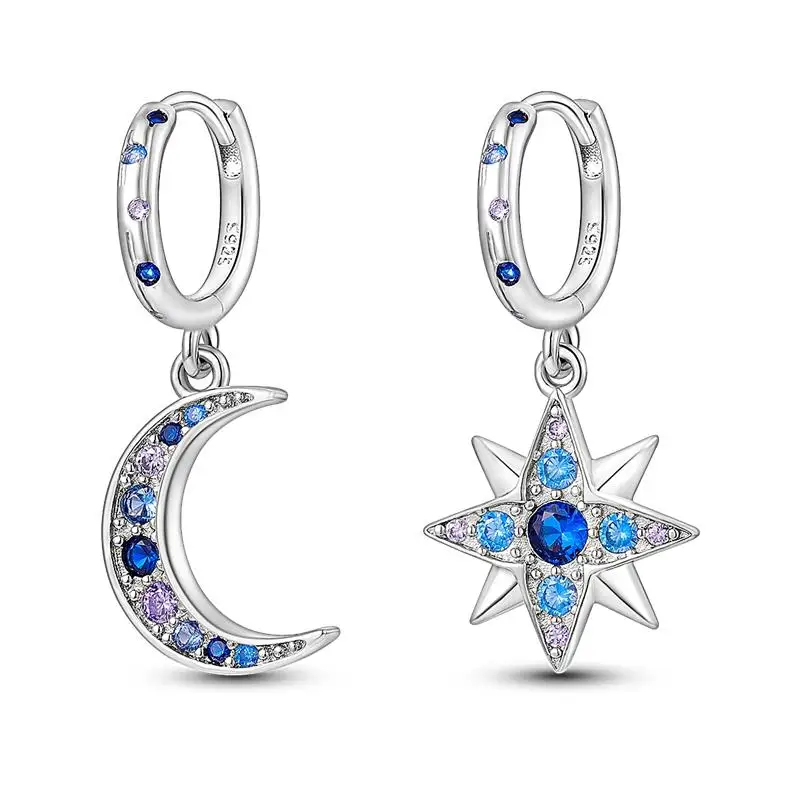 Hoop Earrings 925 Sterling Silver Starry Moon Feather Blue Shiny Zircon Inlaid Drop Earrings Women Fashion Jewelry Gift