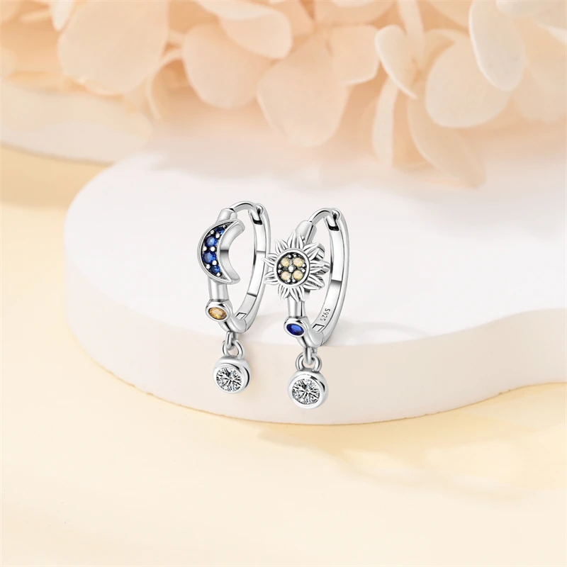 Hoop Earrings 925 Sterling Silver Starry Moon Feather Blue Shiny Zircon Inlaid Drop Earrings Women Fashion Jewelry Gift