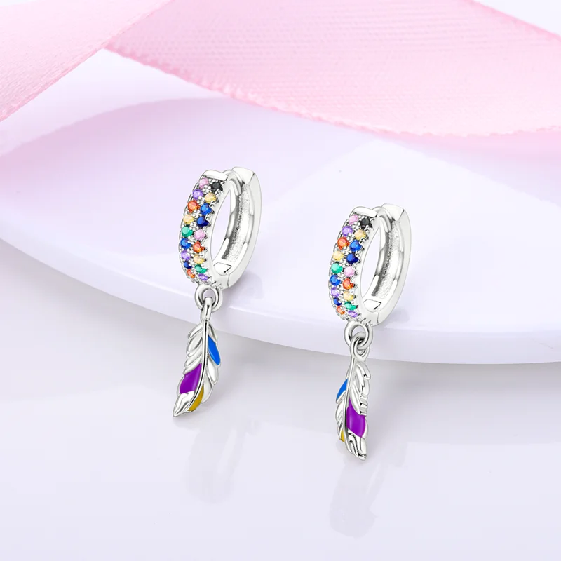 Hoop Earrings 925 Sterling Silver Starry Moon Feather Blue Shiny Zircon Inlaid Drop Earrings Women Fashion Jewelry Gift