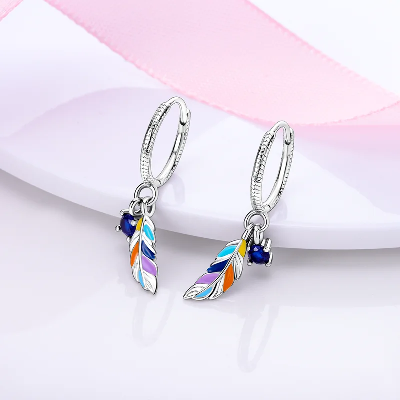 Hoop Earrings 925 Sterling Silver Starry Moon Feather Blue Shiny Zircon Inlaid Drop Earrings Women Fashion Jewelry Gift