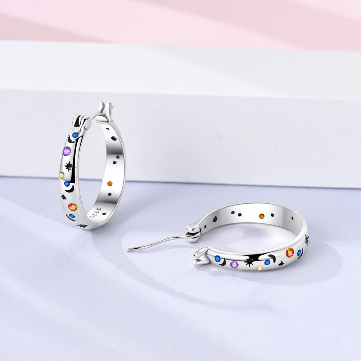 Hoop Earrings 925 Sterling Silver Starry Moon Feather Blue Shiny Zircon Inlaid Drop Earrings Women Fashion Jewelry Gift