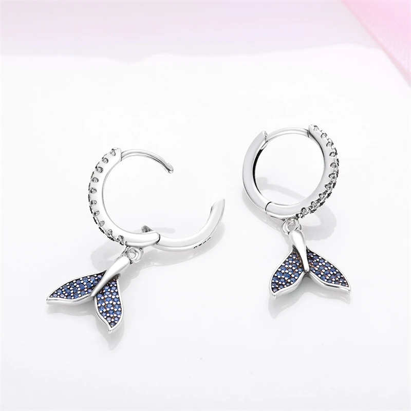 Hoop Earrings 925 Sterling Silver Starry Moon Feather Blue Shiny Zircon Inlaid Drop Earrings Women Fashion Jewelry Gift