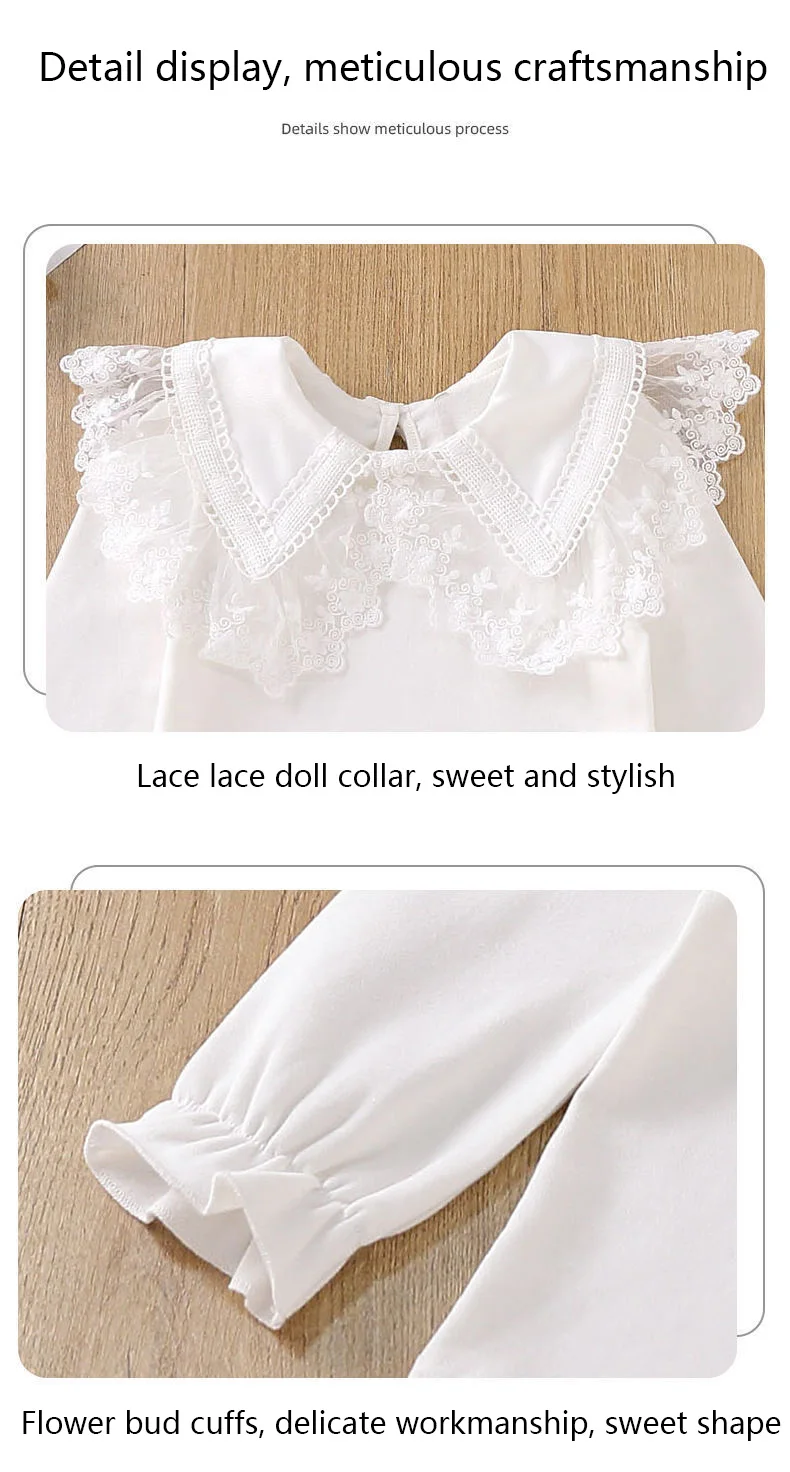 2024 Autumn Winter White BlouseTeenage Shirts Girls Tops And Blouses School Girl Lace Long Sleeve Shirt For Kids Baby Toddler