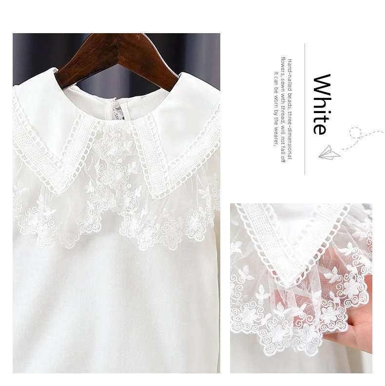 2024 Autumn Winter White BlouseTeenage Shirts Girls Tops And Blouses School Girl Lace Long Sleeve Shirt For Kids Baby Toddler