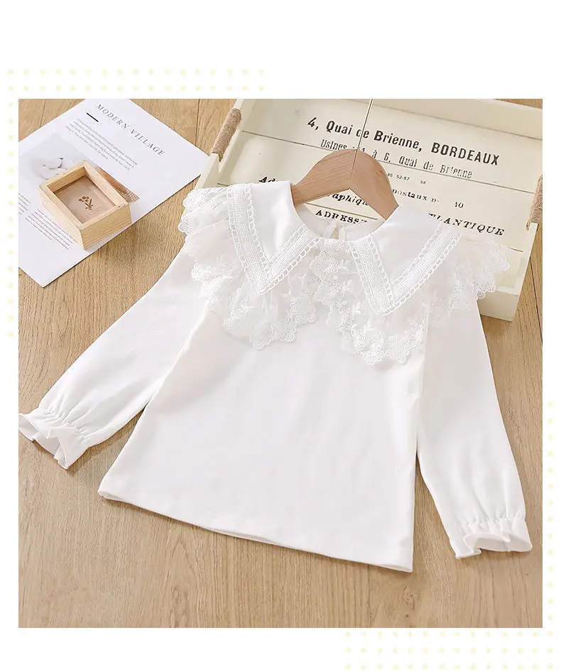 2024 Autumn Winter White BlouseTeenage Shirts Girls Tops And Blouses School Girl Lace Long Sleeve Shirt For Kids Baby Toddler